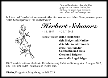 Traueranzeige von Hebert Schwarz von Südthüringer Presse
