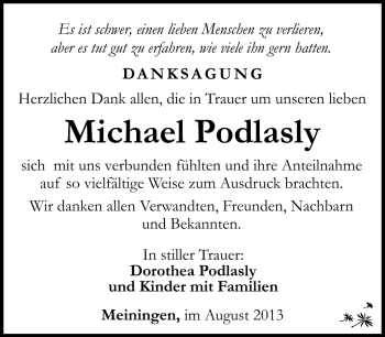 Traueranzeige von Michael Podlasly von Südthüringer Presse