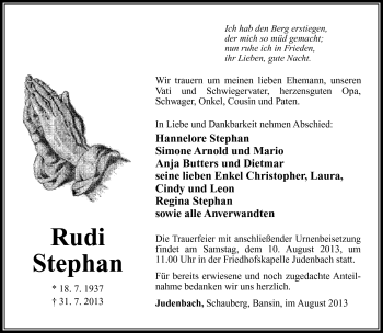 Traueranzeige von Rudi Stephan von Südthüringer Presse