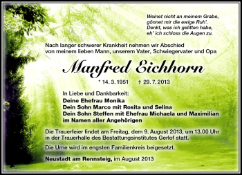 Traueranzeige von Manfred Eichhorn von Südthüringer Presse