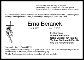 Traueranzeige von Erna Beranek von Neue Presse Coburg