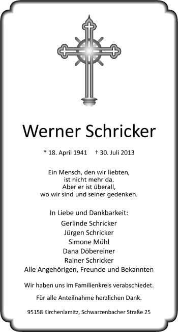 Traueranzeige von Werner Schricker von Frankenpost