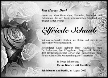 Traueranzeige von Elfriede Schaub von Südthüringer Presse