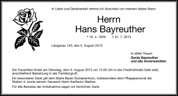 Traueranzeige von Hans Bayreuther von Frankenpost