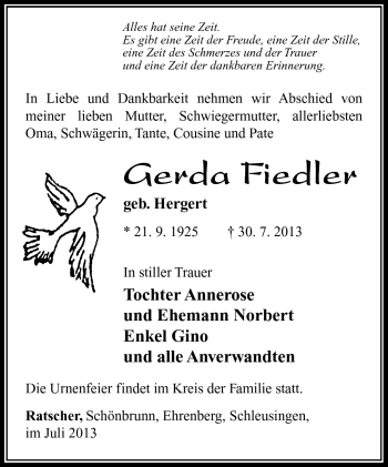 Traueranzeige von Gerda Fiedler von Südthüringer Presse