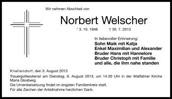 Traueranzeige von Norbert Welscher von Neue Presse Coburg