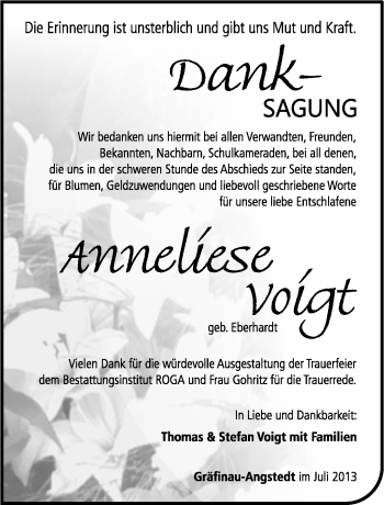 Traueranzeige von Anneliese Voigt von Südthüringer Presse
