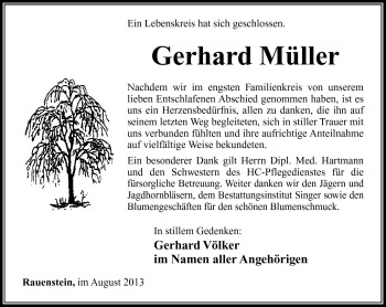 Traueranzeige von Gerhard Müller von Südthüringer Presse