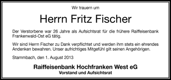 Traueranzeige von Fritz Fischer von Frankenpost
