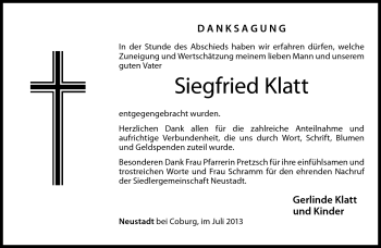 Traueranzeige von Siegfried Klatt von Neue Presse Coburg