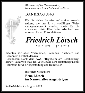Traueranzeige von Friedrich Lörsch von Südthüringer Presse