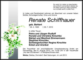 Traueranzeige von Renate Schiffhauer von Südthüringer Presse