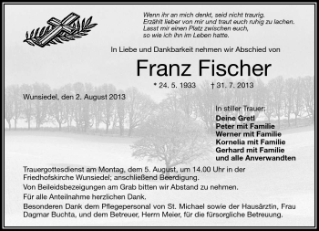 Traueranzeige von Franz Fischer von Frankenpost
