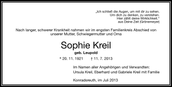 Traueranzeige von Sophie Kreil von Frankenpost