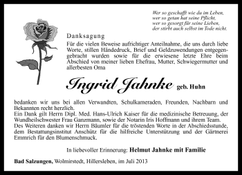 Traueranzeige von Ingrid Jahnke von Südthüringer Presse