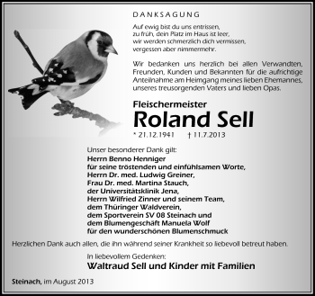 Traueranzeige von Roland Sell von Südthüringer Presse