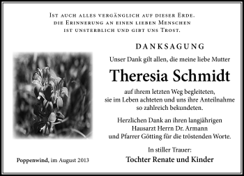 Traueranzeige von Theresia Schmidt von Südthüringer Presse