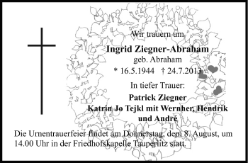 Traueranzeige von Ingrid Ziegner-Abraham von Frankenpost