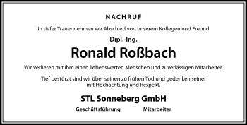 Traueranzeige von Ronald Roßbach von Südthüringer Presse