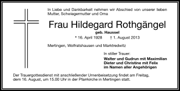 Traueranzeige von Hildegard Rothgängel von Frankenpost