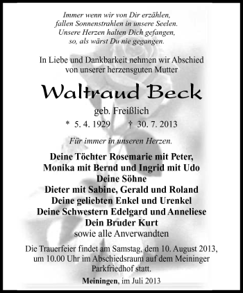 Traueranzeige von Waltraud Beck von Südthüringer Presse