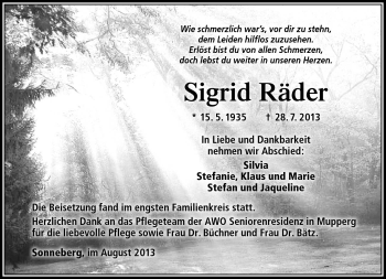 Traueranzeige von Sigrid Räder von Südthüringer Presse