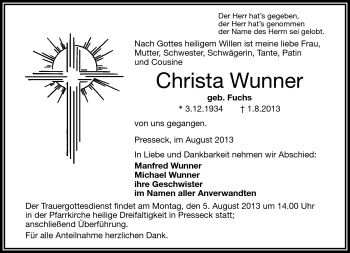 Traueranzeige von Christa Wunner von Frankenpost