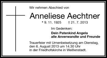 Traueranzeige von Anneliese Aechtner von Frankenpost