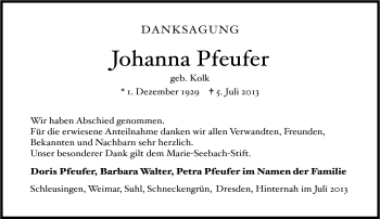Traueranzeige von Johanna Pfeufer von Südthüringer Presse