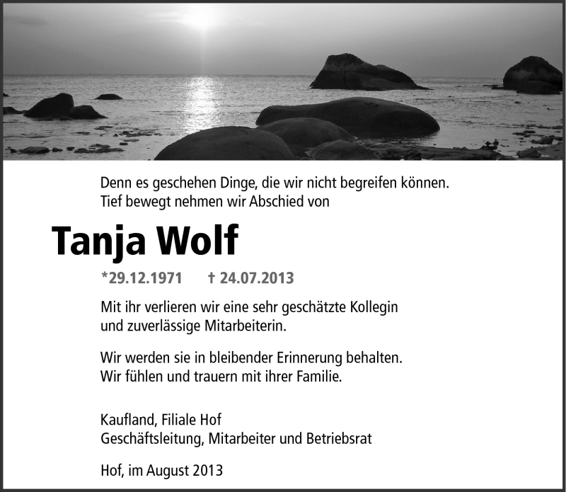  Traueranzeige für Tanja Wolf vom 03.08.2013 aus Frankenpost