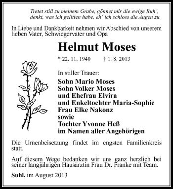 Traueranzeige von Helmut Moses von Südthüringer Presse