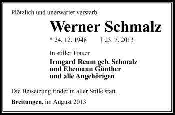 Traueranzeige von Werner Schmalz von Südthüringer Presse