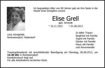 Traueranzeige von Elise Grell von Neue Presse Coburg