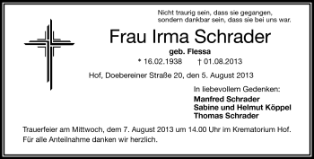 Traueranzeige von Irma Schrader von Frankenpost