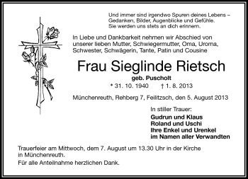 Traueranzeige von Sieglinde Rietsch von Frankenpost