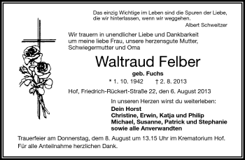 Traueranzeige von Waltraud Felber von Frankenpost