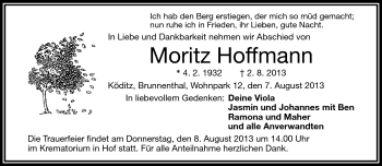 Traueranzeige von Moritz Hoffmann von Frankenpost