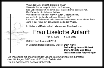 Traueranzeige von Liselotte Anlauft von Frankenpost