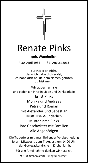 Traueranzeige von Renate Pinks von Frankenpost