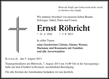 Traueranzeige von Ernst Röhricht von Neue Presse Coburg