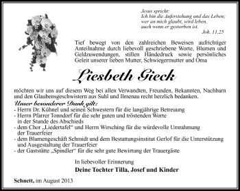 Traueranzeige von Liesbeth Gieck von Südthüringer Presse