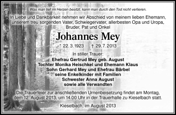 Traueranzeige von Johannes Mey von Südthüringer Presse
