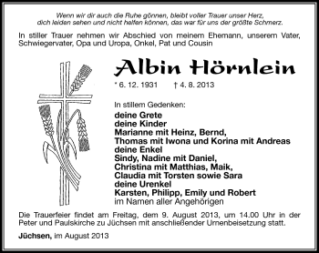 Traueranzeige von Albin Hörnlein von Südthüringer Presse
