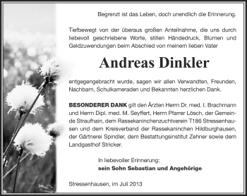 Traueranzeige von Andreas Dinkler von Südthüringer Presse
