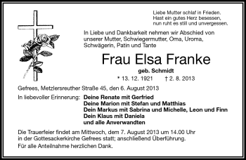Traueranzeige von Elsa Franke von Frankenpost