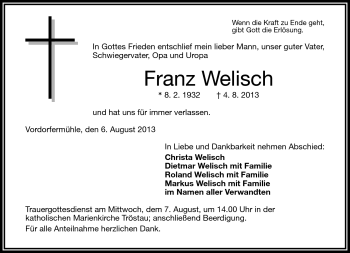 Traueranzeige von Franz Welisch von Frankenpost