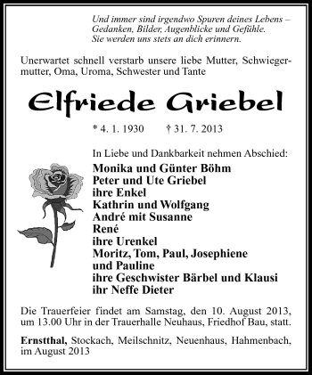 Traueranzeige von Elfriede Griebel von Südthüringer Presse