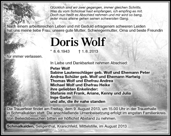 Traueranzeige von Doris Wolf von Südthüringer Presse