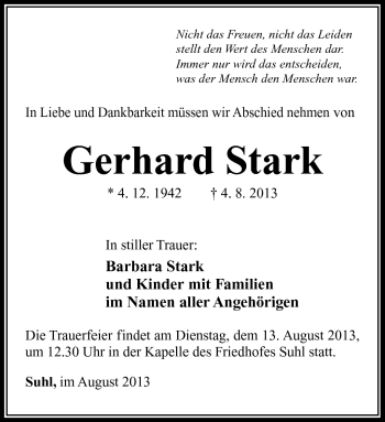 Traueranzeige von Gerhard Stark von Südthüringer Presse