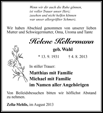 Traueranzeige von Helene Kellermann von Südthüringer Presse